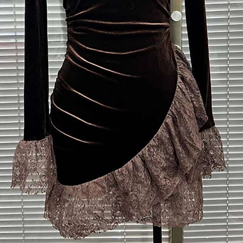 Elegant Turtleneck Solid Velvet Evening Woman Sexy Patchwork Lace Slim Mini Autumn Flare Long Sleeve Lady Hips Dress