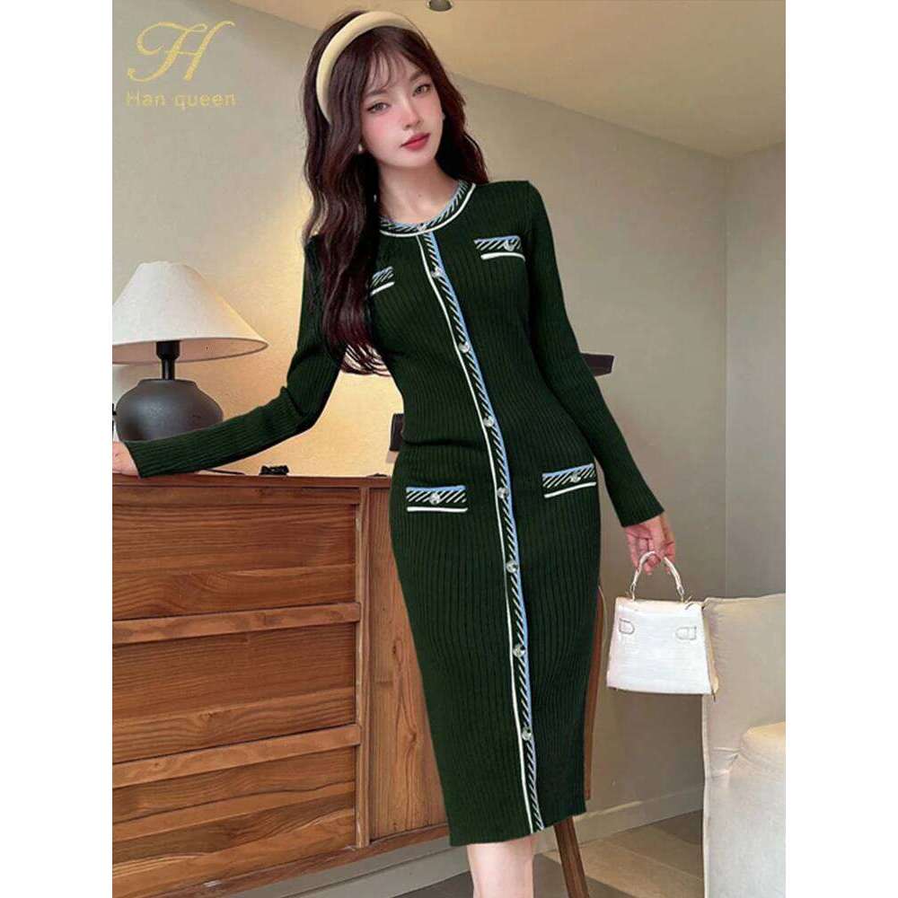 Simple Office Women's O-Neck Bodycon Sexy Sheath Pencil Dresses Autumn Casual Sweater Knitted Dress XJ260131