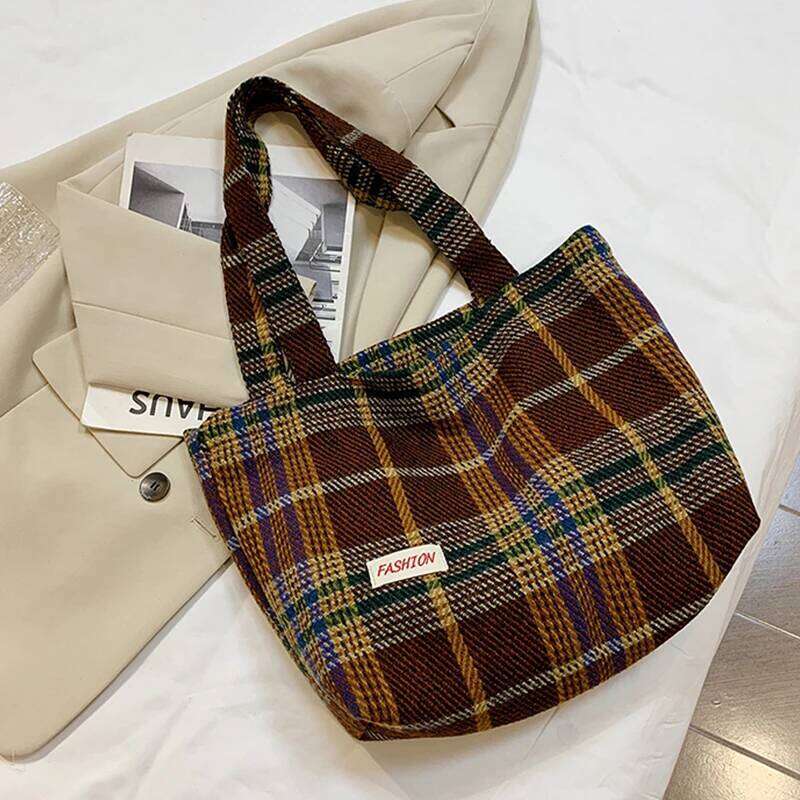 Tote Women's Bag Shoulder Wool Shopper Bags For Women Large Capacity Autumn Winter New Soft Plaid Ladies Travel Designer Handbag