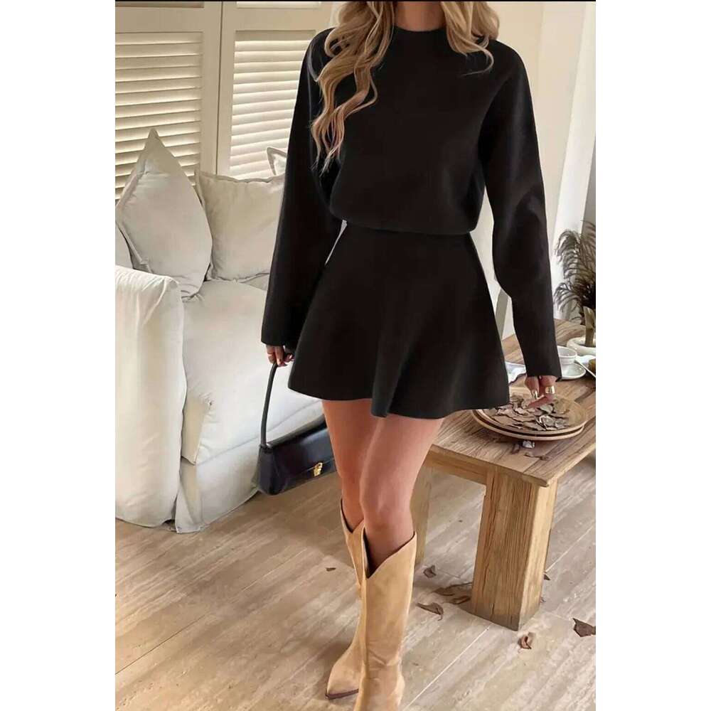Autumn & Winter New European-American Casual Knit Two-Piece Set: Mock Neck Long-Sleeve Sweater + High-Waisted A-Line Mini Skirt, XJ260131