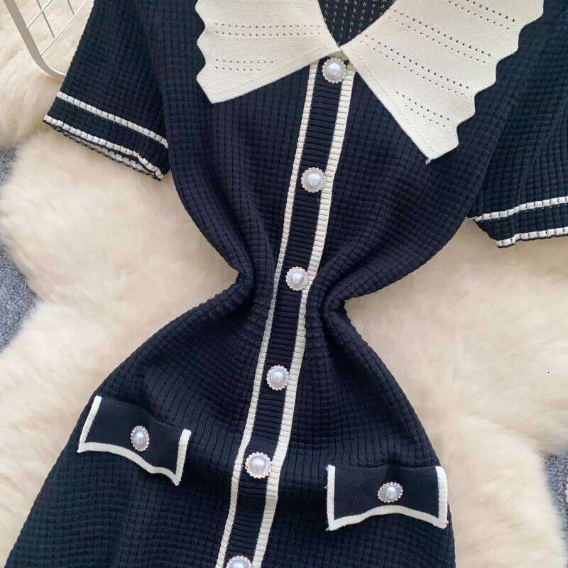Elegant Knitted Slim Fit Summer Clothes Women Short Sleeve Polo-Neck Bodycon Midi Dresses OL Style Knitting Dress Vestidos XJ260131