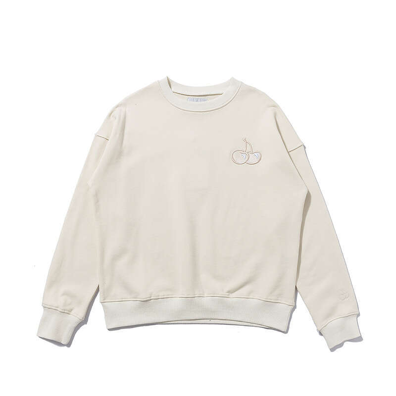 In Stock Korean Trendy Brand Cherry Embroidery Sweatshirt Pure Cotton Terry Round Neck Pullover Loose Long Sleeve Top For Women Spring And Autumn Wear