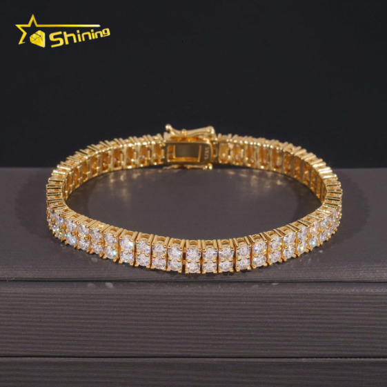 Hip Hop Charm Jewelry Bracelet 2 Rows Clustered Gra Synthetic 5MM 05CT Moissanite Diamond 10MM Wide Tennis Bracelet for Women