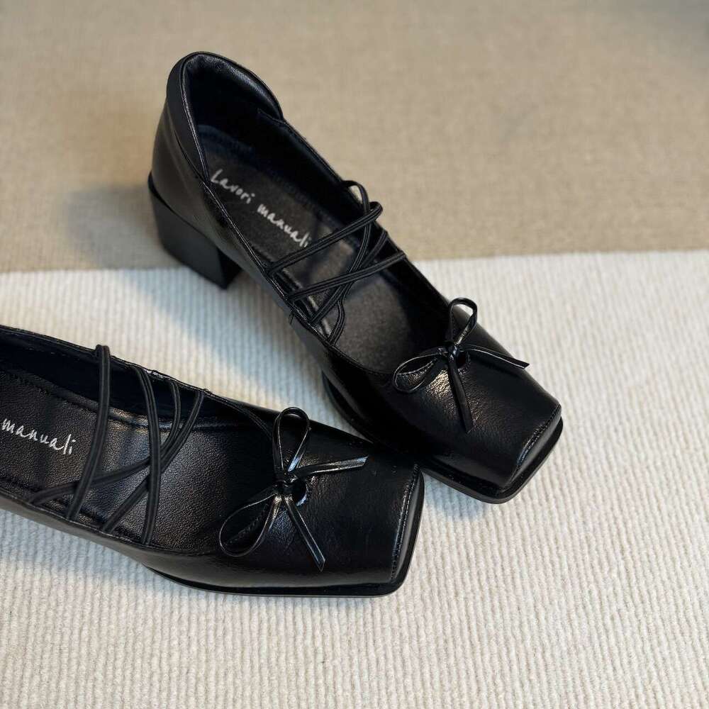 Sheepskin Version~ "Square Toe Ballet" Cross Lace Summer Soft Leather Retro Bow Mary Jane Shoes L260131