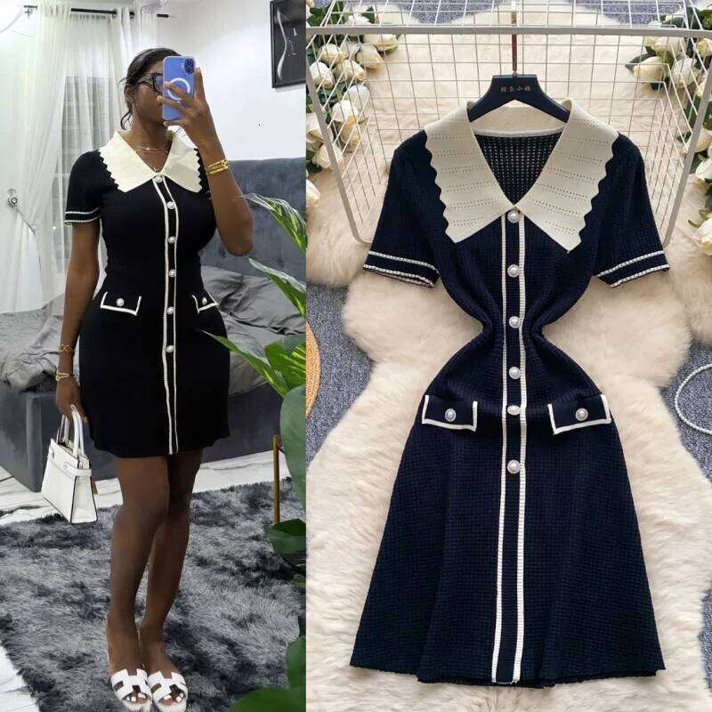 Elegant Knitted Slim Fit Summer Clothes Women Short Sleeve Polo-Neck Bodycon Midi Dresses OL Style Knitting Dress Vestidos XJ260131