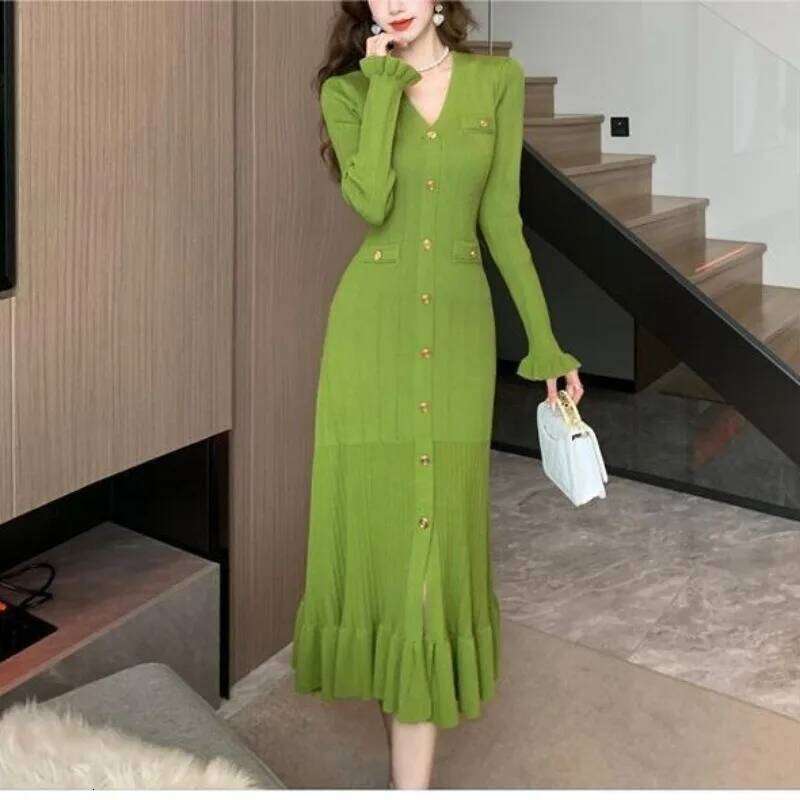 Solid Color Temperament Ruffle Edge Autumn Winter New Women's V-neck Button Long-sleeved Fishtail Knitted Fitted Dress XJ260131