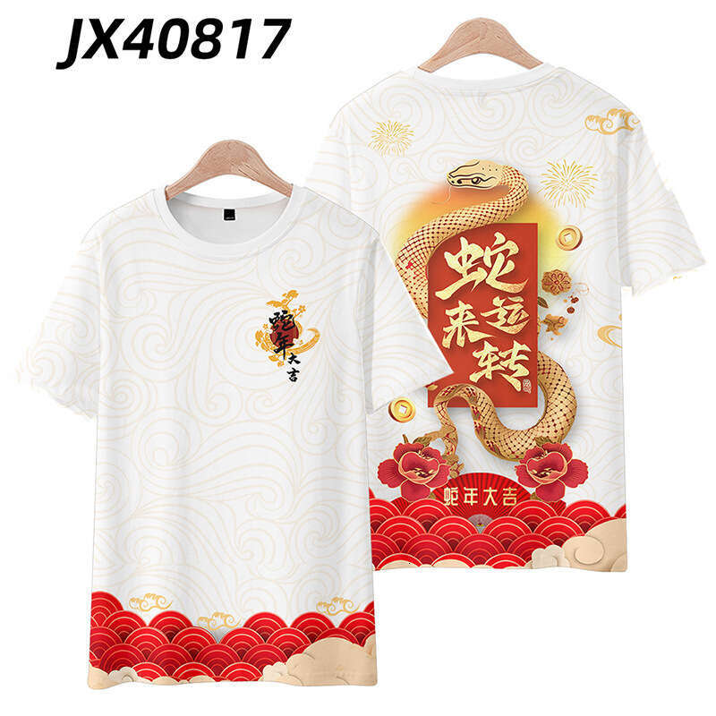 New Trend Round Neck Short Sleeve T-Shirt Loose Fit Chinese Style Snake Year Good Luck Heat Transfer Print Mesh Fabric Luanyun Luanyun