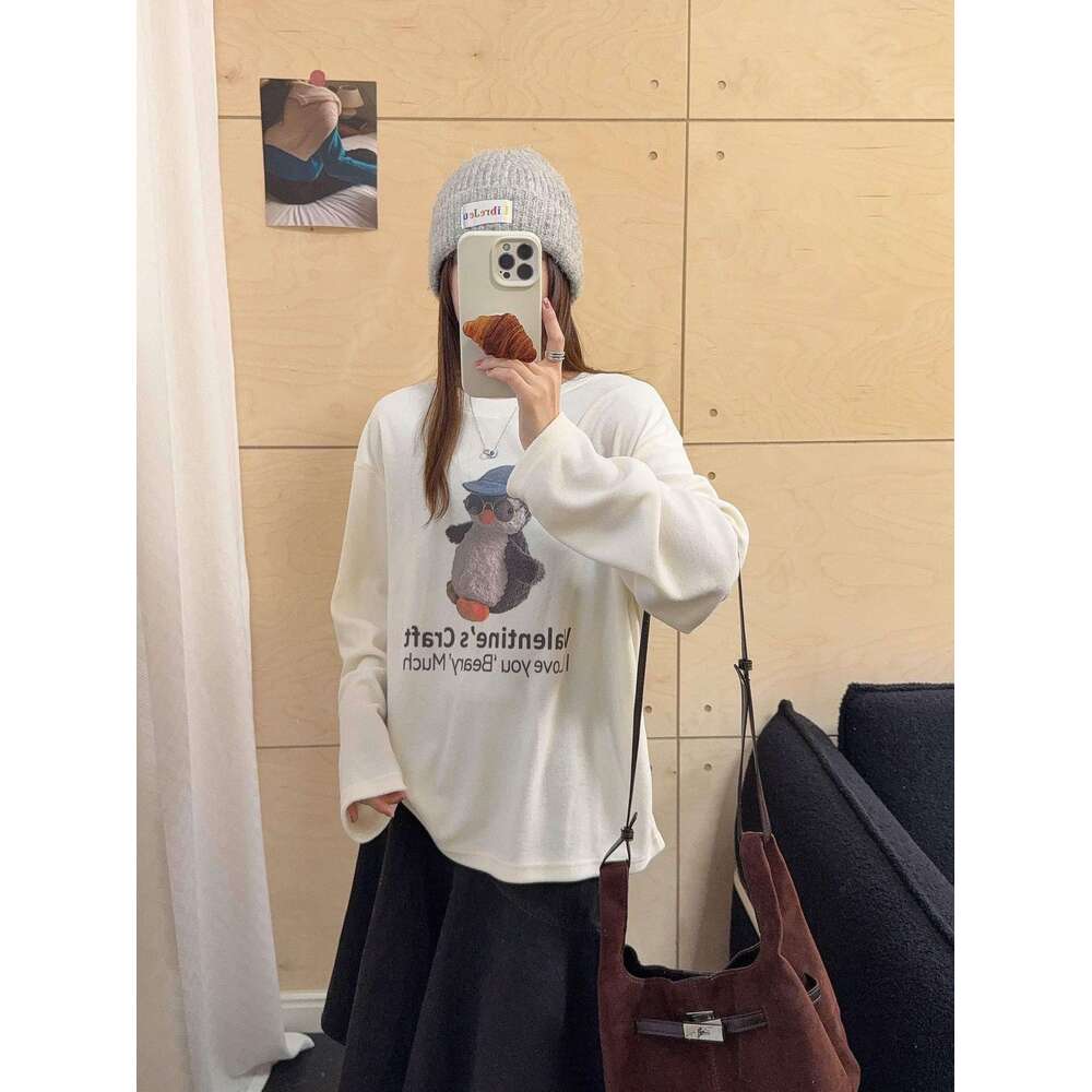 South Korea Dongdaemun Cashmere Texture Blue Hat Penguin Print Lazy Style T-Shirt For Women Autumn Winter New Long Sleeve Top