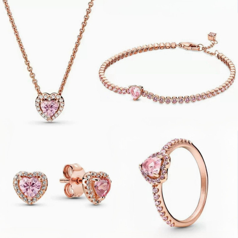 Rose gold pink crystal sparkling necklace earrings bracelet ring for women wedding jewelry cz zircon cross chain choker necklaces bracelets rings earring
