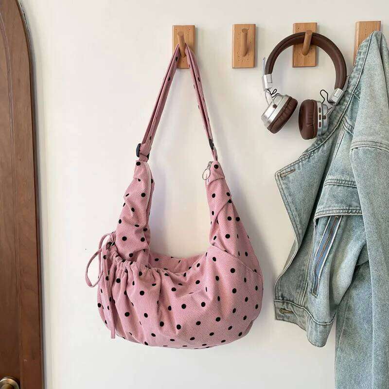 Cute Pink Polka Dot Corduroy Crescent Shoulder Drawstring 2025 New Trendy Design Casual Crossbody Bag for Women Daily Use XJ260131