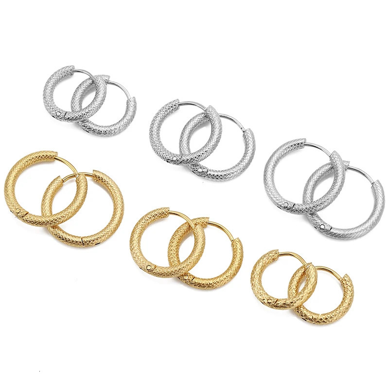6pcs 10/12/14mm Stainless Steel Gold Color Round Ear Rings Grid Texture Hoop Earrings for Female Jewelry Accessories 260126