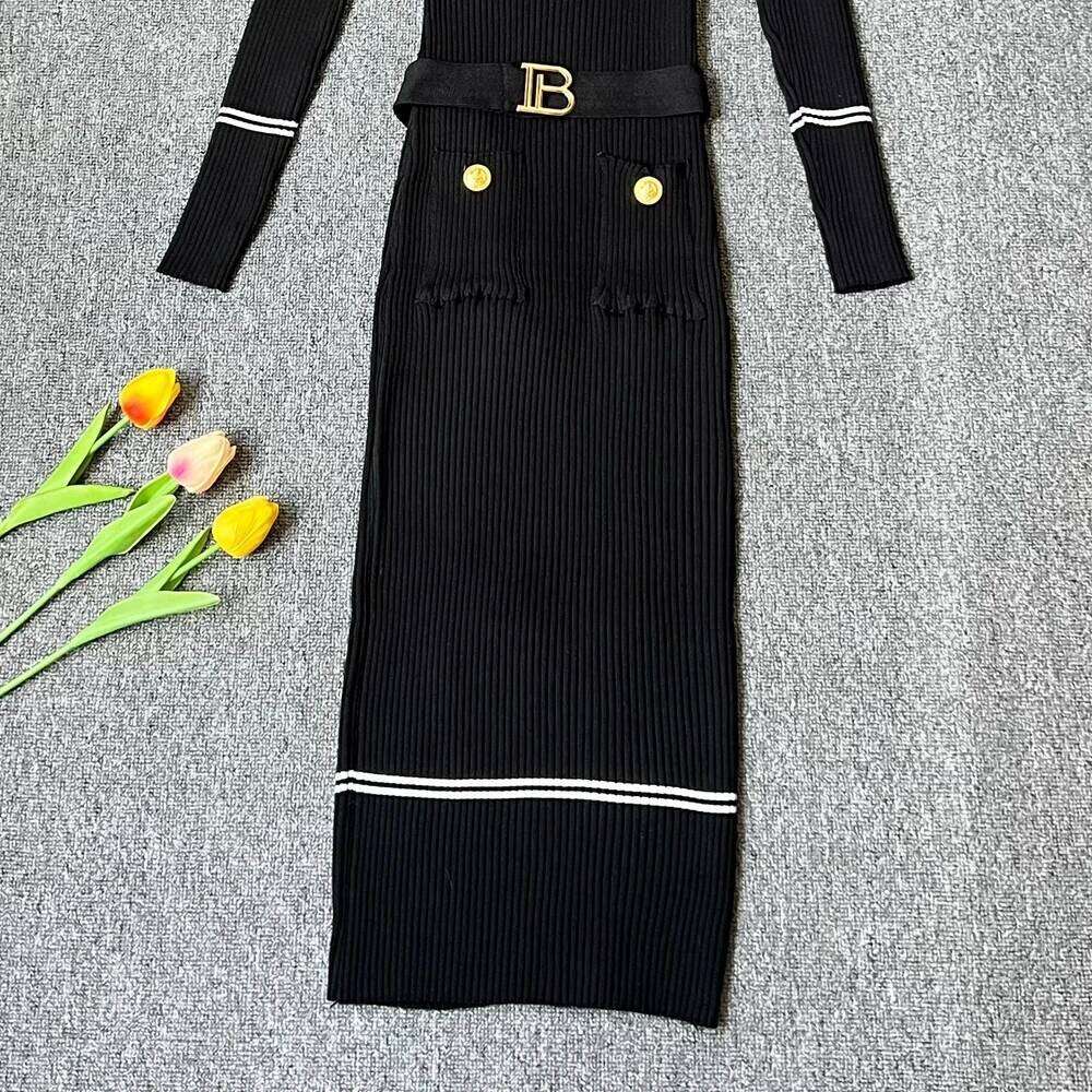 YuooMuoo Chic Fashion Elegant Package Hips Knitted Midi 2025 Autumn Winter Brand Style Lady Belted Bodycon Black Dress XJ260131