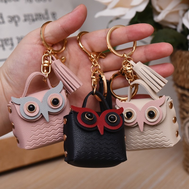 Purse Mini Owl Keychain Leather Keychain Cute Tassel Pendant for Women Bag Charm Car Key Accessory Fashion birthday gift Small Gift