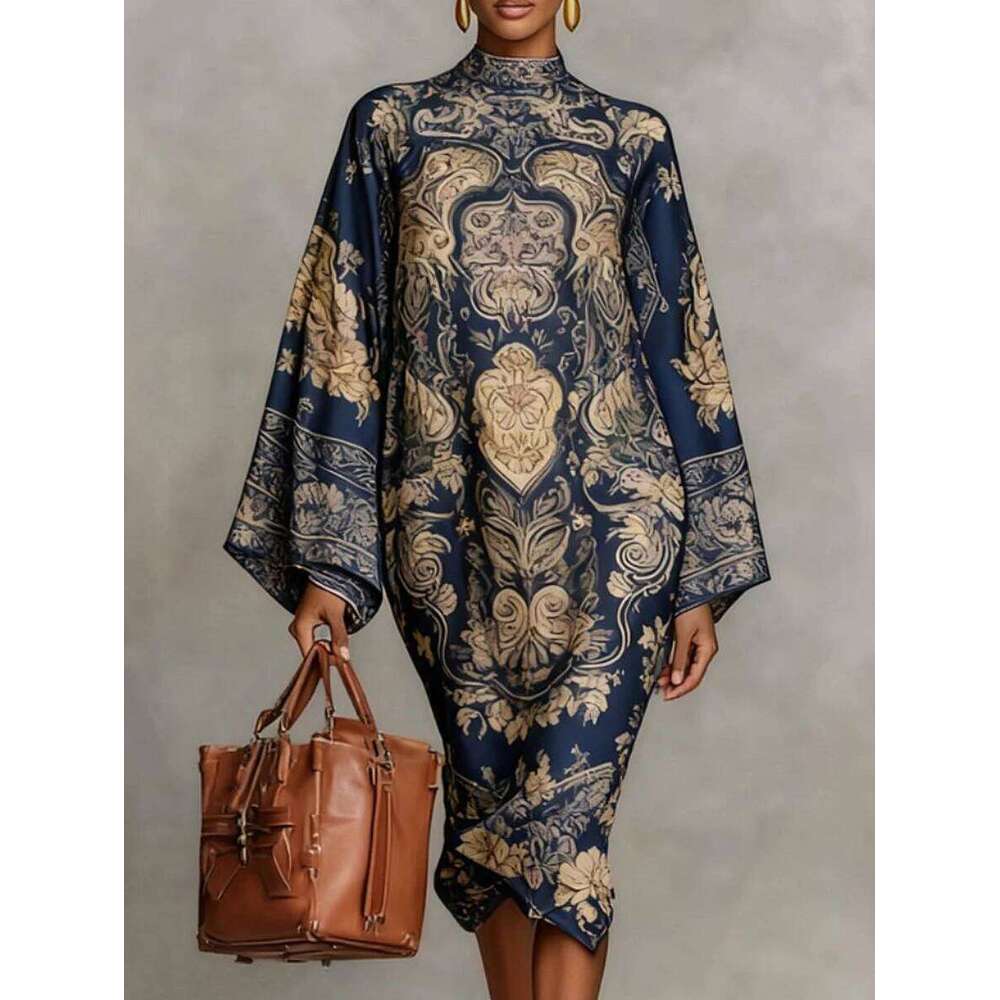 UOOZEE Women's Vintage Printed High Neck Kaftan Dress Long Sleeves Loose Elegant Evening Midi Dresses Robe 2026 New