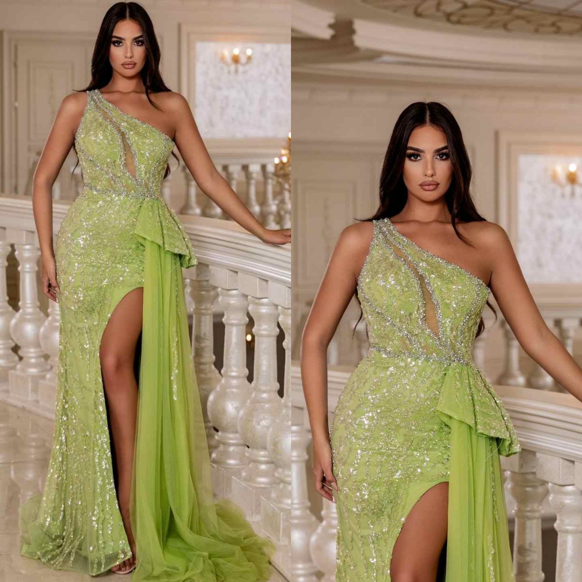 Sexy One Shoulder Sequined Prom Gown Elegant High Side Slit Evening Dresses Floor Length Customized Party Dress