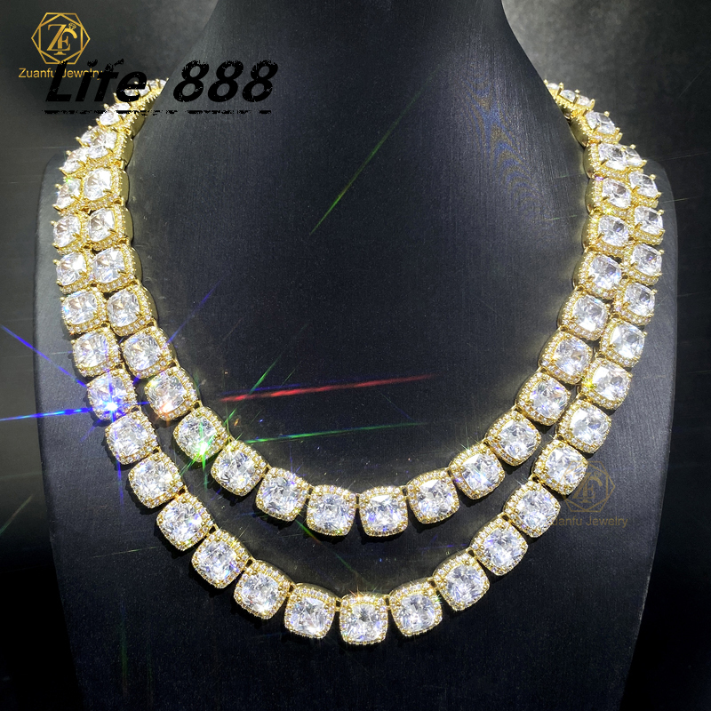 ZUANFO 10mm Iced Out Cuban Link Chain Baguette Cut Moissanite Hip Hop Jewelry Silver Flower Cluster Tennis Necklace