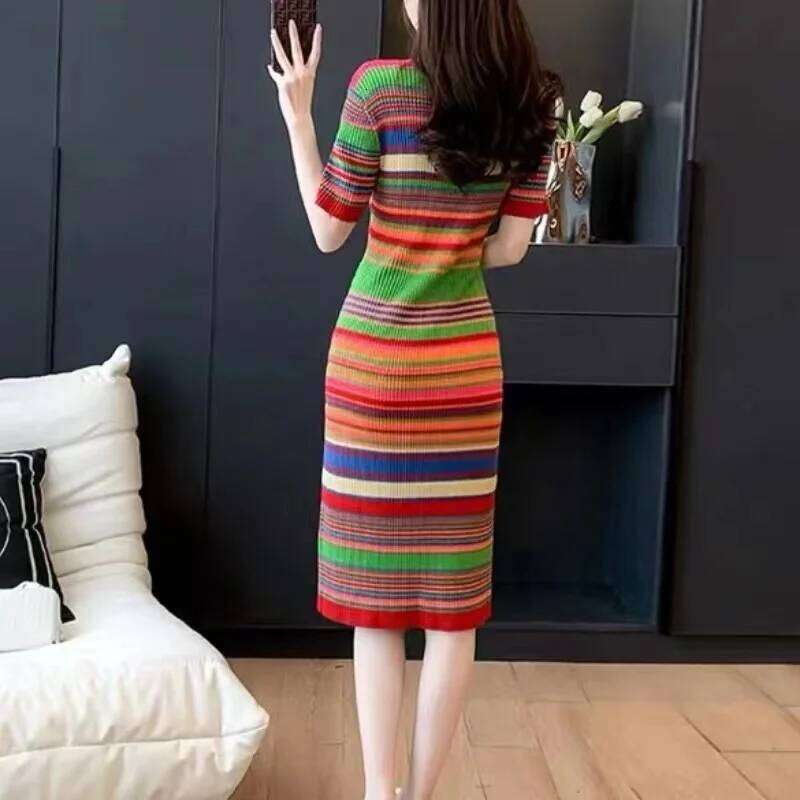 Women's Spring Summer Fashion Temperament Round Neck Colorful Stripes Versatile Short Sleeved Slim Fit Mid Length Knitted Dress XJ260131