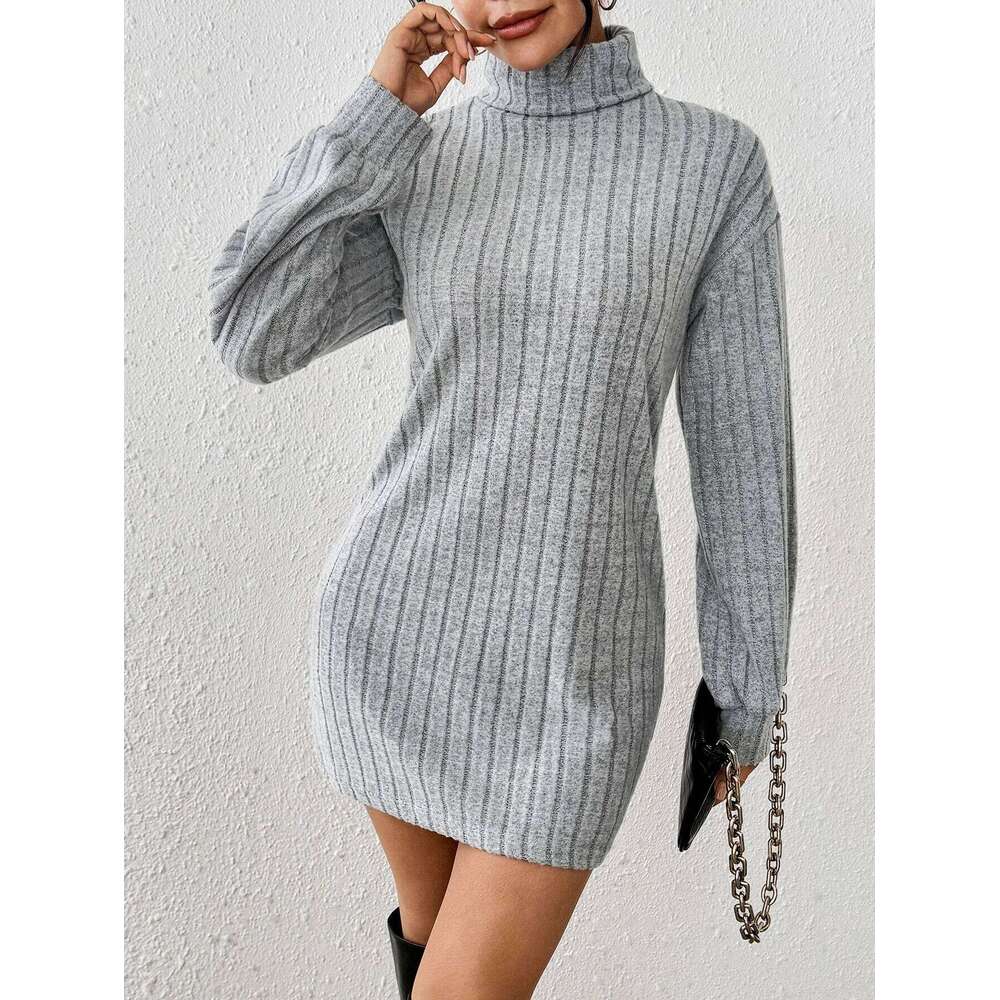 Elegant High Neck Drop Shoulder Ribbed Knit Dress for Commuting Fashionable And Stylish All-in-One XJ260131