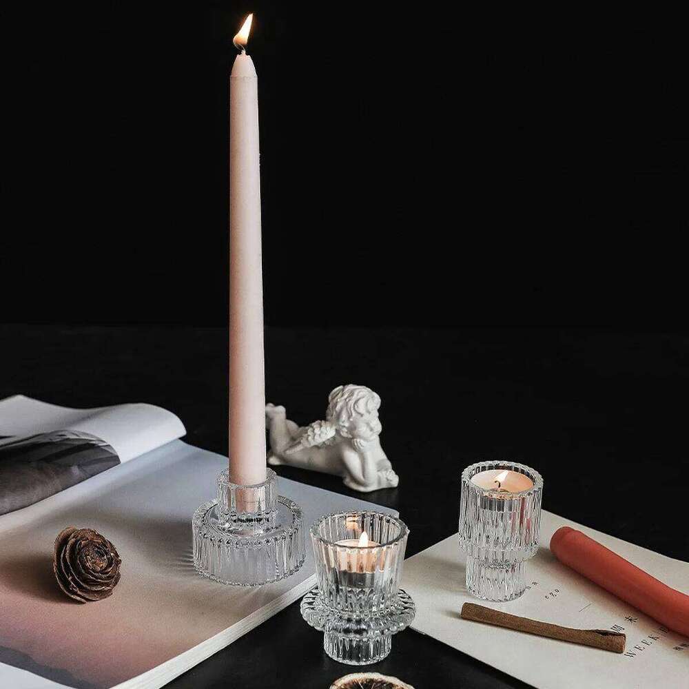 Pillar Tealight Candle Holder Clear Glass for Table Design Candlesticks, Decorative Tabletop Home Dining Centerpiece Y260131