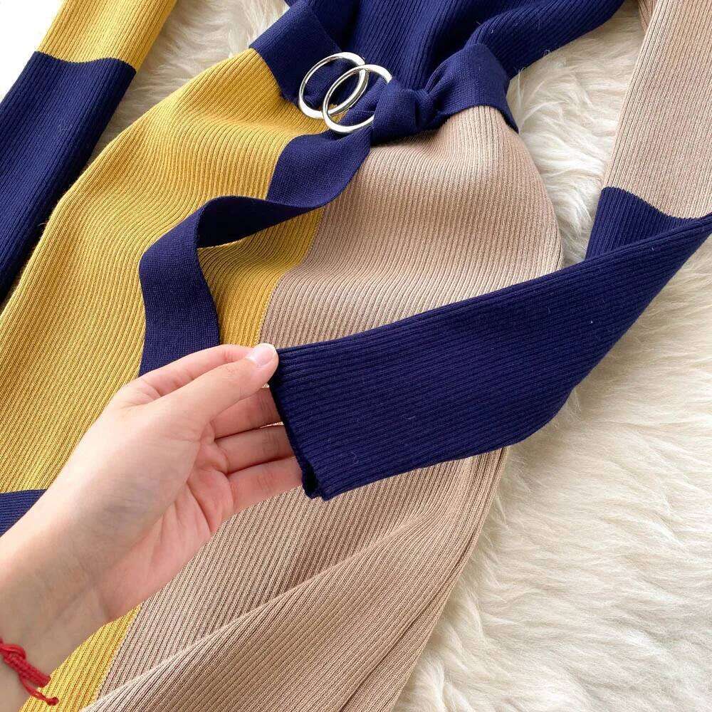 YuooMuoo Women 2025 Autumn Winter Color Patchwork Long Sleeve Knitted Sweater Dress with Belt Lady Bodycon Party Dresses XJ260131