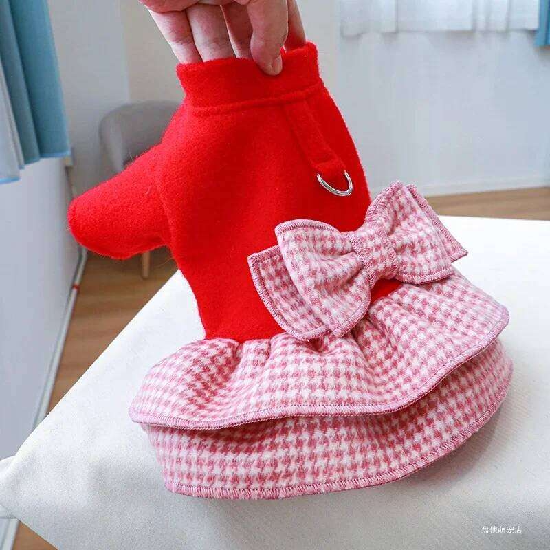 1PC Pet Clothes Cat Autumn Winter Thickened Warm Red Princess Dress Belt Traction Buckle Suitable for Small and Medium sized Dog H260130