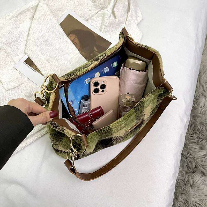 Women's Plaid Pattern Sherpa Large Capacity Tote Bag Shopping Chroma Handbag