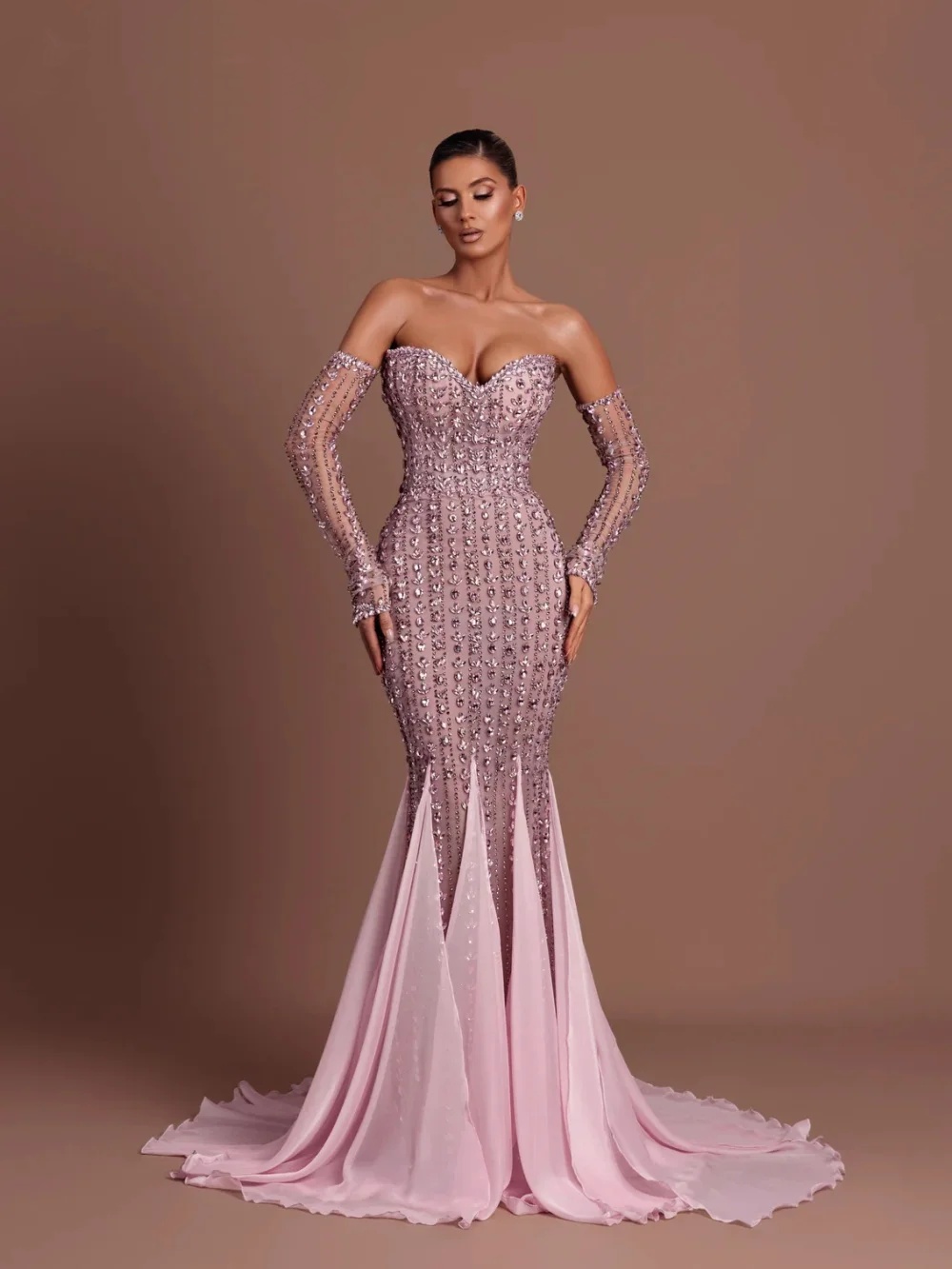 Luxury Strapless Evening Dresses Crystal Prom Gown Beaded Rhinestone Backless Slim Fit Mermaid Customized Vestidos De Noche Plus Size