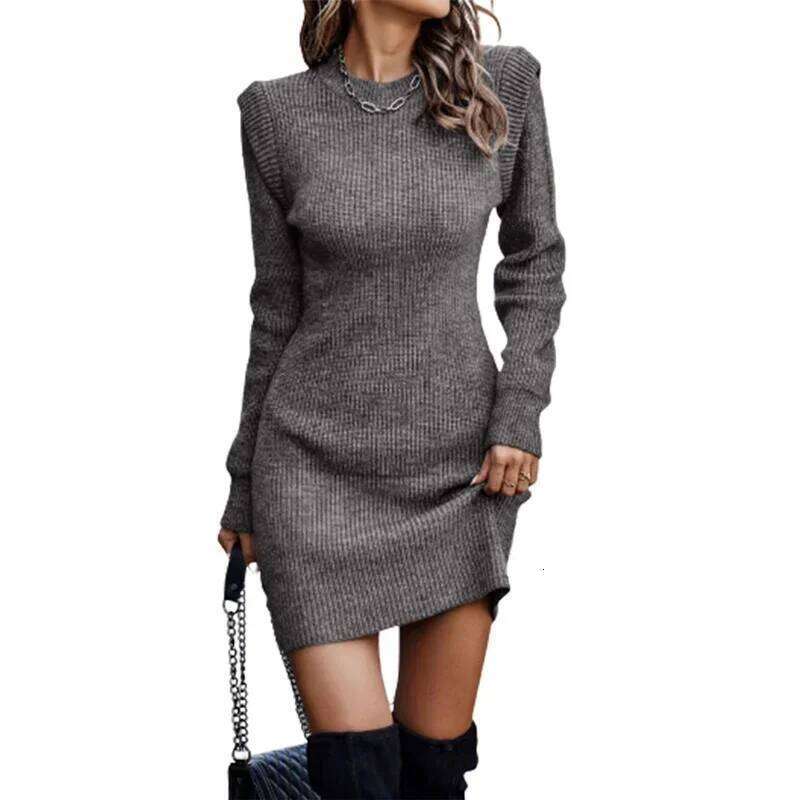 Women Solid Color Knitted Wrap Hip Dress Autumn Winter Crew Neck Pullover Long Sleeve Dressy Female Knitwear Slim Fit Short Gown XJ260131