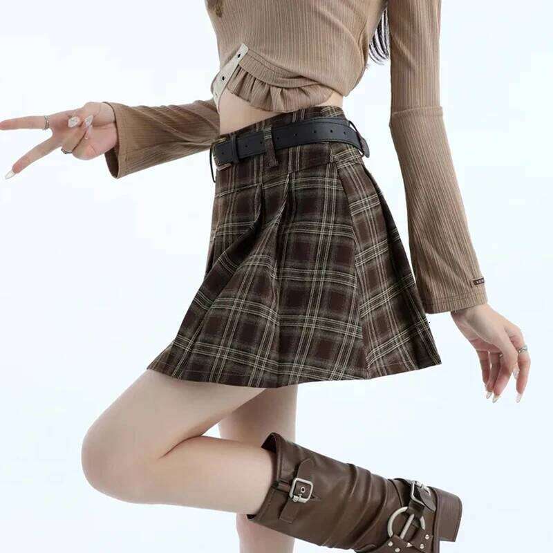 Preppy Plaid Mini Women High Waist A Line Belt Pleated Student Skirts Autumn Harajuku Sweet Casual Vintage Female Skirt XJ260131