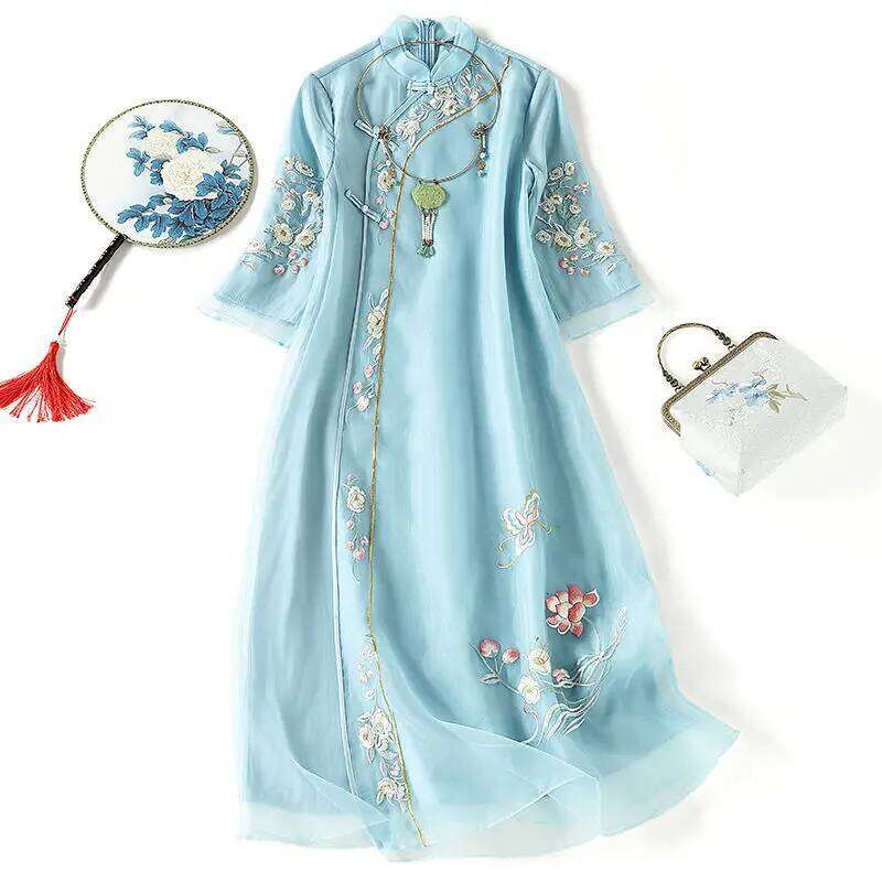 Floral Embroidered Cheongsam Women Retro Short Sleeve Chiffon Chinese Style Vintage Tang Dresses Summer New Fashion