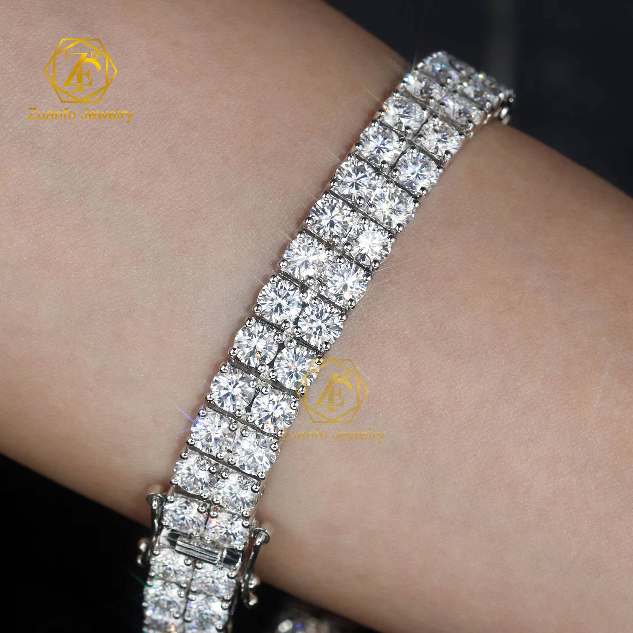 Hip Hop Charm Jewelry Bracelet 2 Rows Clustered Gra Synthetic 5MM 05CT Moissanite Diamond 10MM Wide Tennis Bracelet for Women
