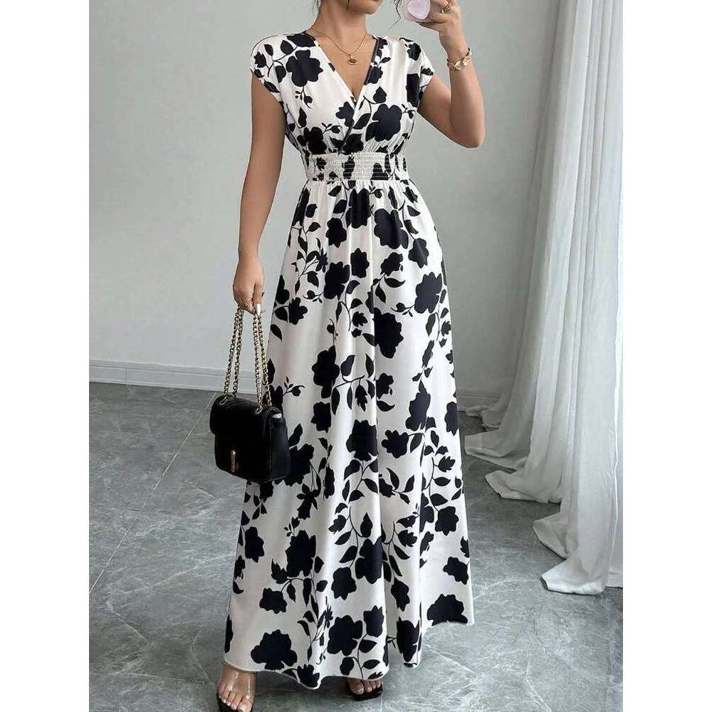 New Summer Women's Printed Lace-up Maxi Dress,Short Sleeved Dresses,Casual Dresses,Floral Dresses,Elegant Dresses For Ladies XJ260131