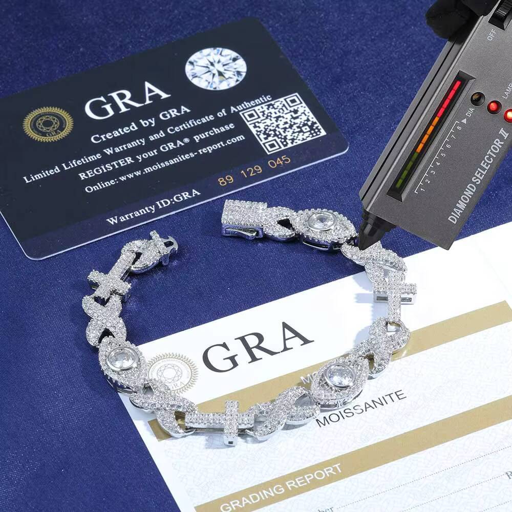 NUOYA New Style 925 Sterling Silver Iced Out Inlaid Shiny VVS Moissanite Cross With Diamond Eyes Link Chain Hip Hop Bracelet