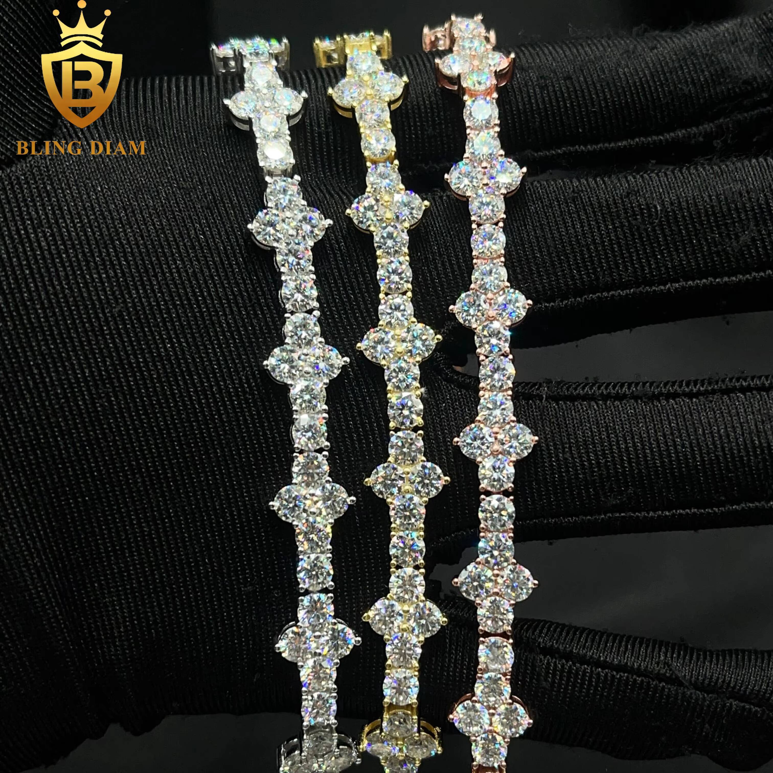 4mm Hip Hop Fine Jewelry 925 Sterling Silver Vvs Moissanite Diamond Cross Tennis Chain Bracelet