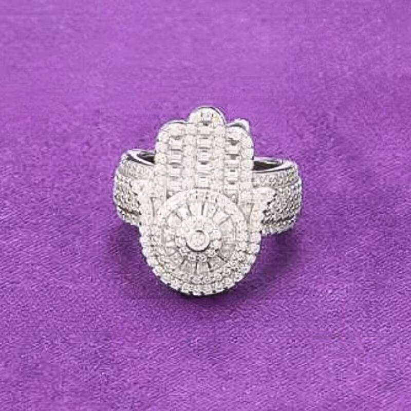 Pass Diamond Tester Hip Hop Bling D Color Moissanite Iced Out Mens Baguette Hamsa Hand Ring With 925 Sterling Silver GRA