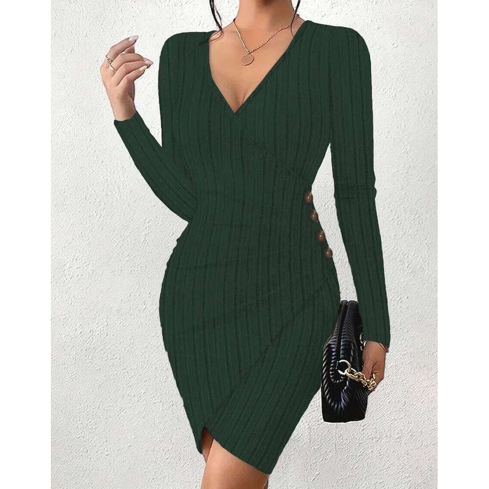 Women's V-Neck Long Sleeve Bodycon - Ribbed Knit Mini Dress with Button Detail Sexy Wrap Style for Party & Night Out XJ260131