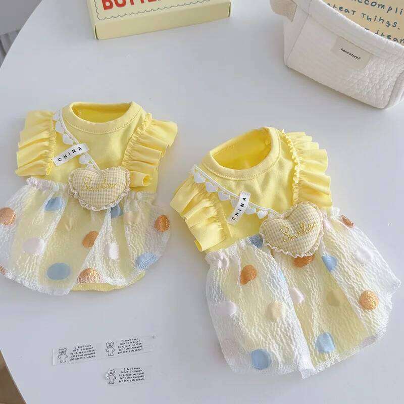 Pet Dot Yellow Heart-shaped Little Fly Sleeve Dress Cat and Four Season Vest Puppy Clothes Dog Dresses for Small Dogs H260130