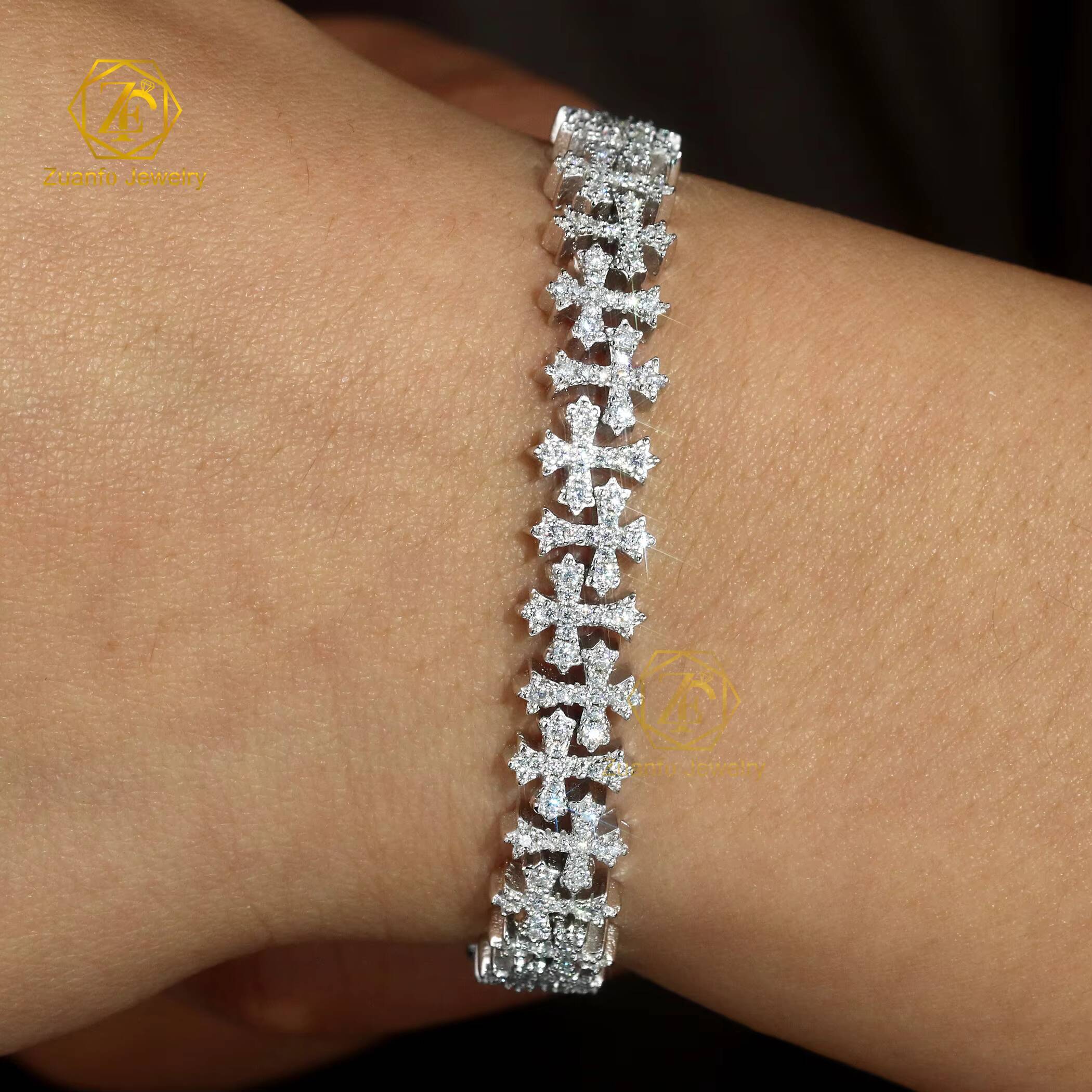 Cross Moissanite Cuban Bracelet Ready Stock Hip Hop Rock Moissanite 925 Silver Religious Jewelry Diamond Cuban Link Chain