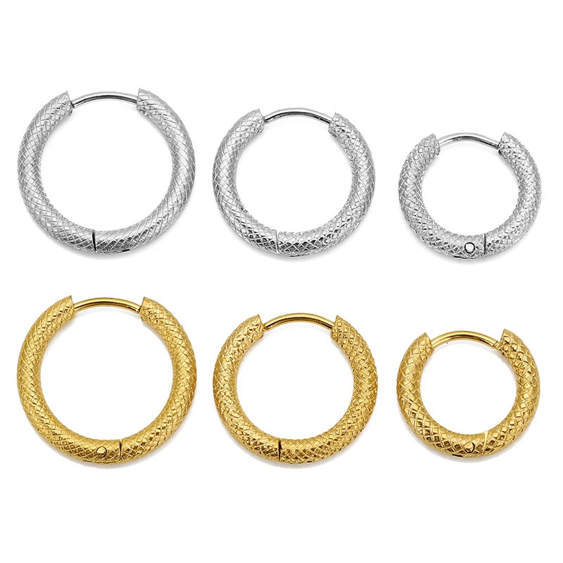 6pcs 10/12/14mm Stainless Steel Gold Color Round Ear Rings Grid Texture Hoop Earrings for Female Jewelry Accessories 260126