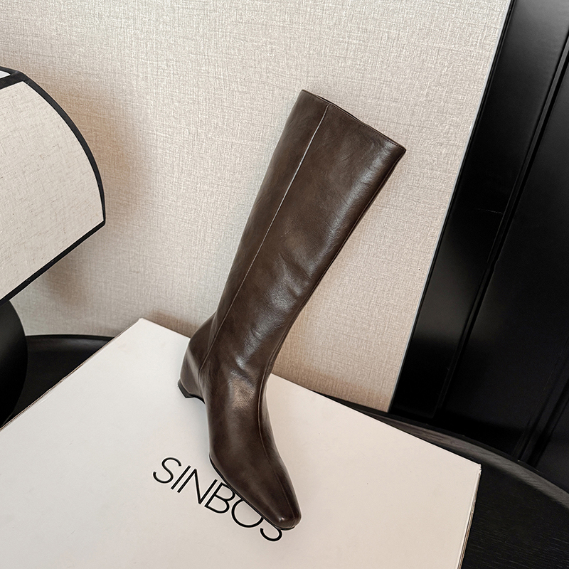 Pointed square-toe knee boots with wrapped heels, Straight-leg wide-calf women's riding boots, minimalist, fashion luxury, high-quality genuine l