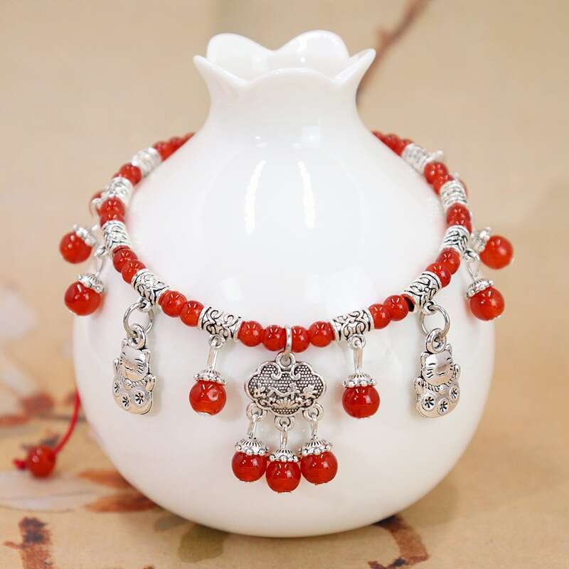 New Women's Summer String Natural Red Agate Vintage Peace Lock Tassel Bell Zodiac Year Anklet Accessories