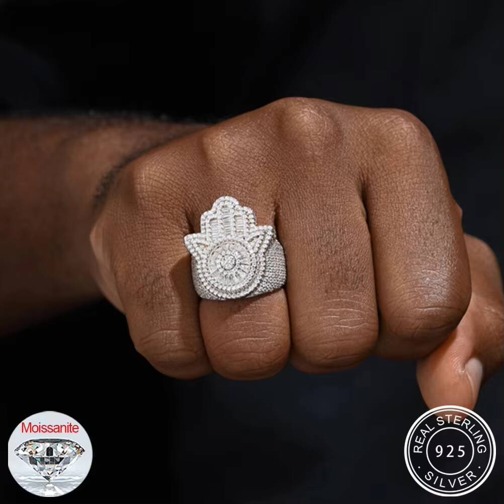 Eyes Hamsa Hand S925 Iced Out Rings for Men Hip Hop Luxulry Finger Sterling Silver Fine Jewelry