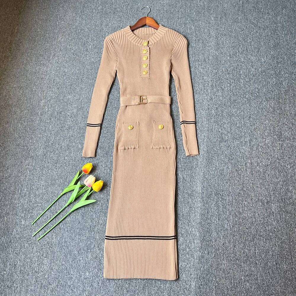 YuooMuoo Chic Fashion Elegant Package Hips Knitted Midi 2025 Autumn Winter Brand Style Lady Belted Bodycon Black Dress XJ260131