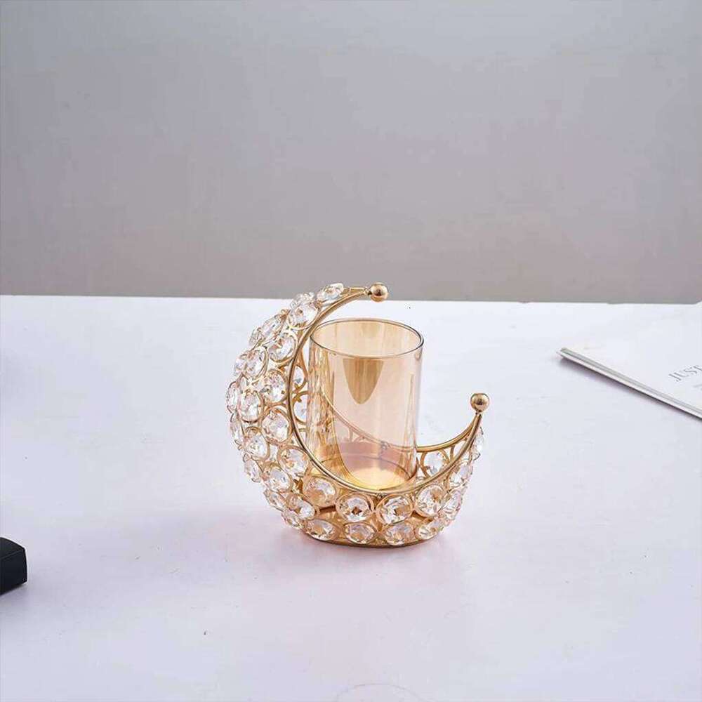 With Crystal Beads For Romantic Atmosphere Moon Holder Metal Candle Stand silvery Y260131
