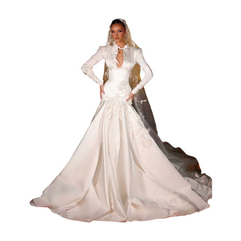 Fashion Long Sleeve Wedding Dresses Modern 3d Flowers Appliques A Line Bridal Dress Floor Length Bride Gowns Customized