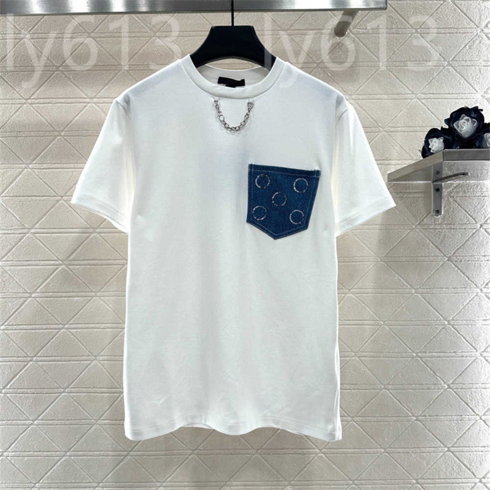 denim beaded pocket designer tshirt women Chain Round Neck top breathable Summer Basic Tee fashion Casual Everyday Vintage Outfit