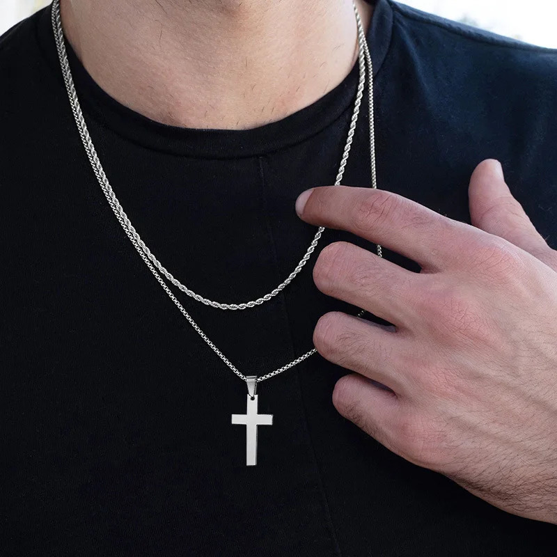 Waterproof Cross Necklaces for Men Male Gifts Jewelry Anti Allergy Stainless Steel Plain Pendant with Rope Chain 260128