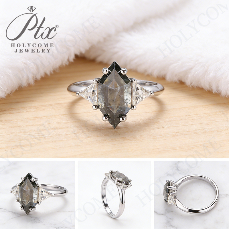 Elongated Hexagon Cut D Color Gray Moissanite Diamond Engagement 925 Sterling Silver Rings for Women Jewelry Wholesale