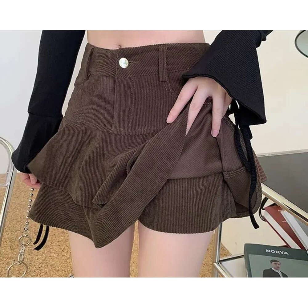Corduroy Mini Skirts Women Ruffles Solid High Waist Cute Sexy Preppy Retro Style Y2k Clothes Harajuku Korean Fashion Chic XJ260131