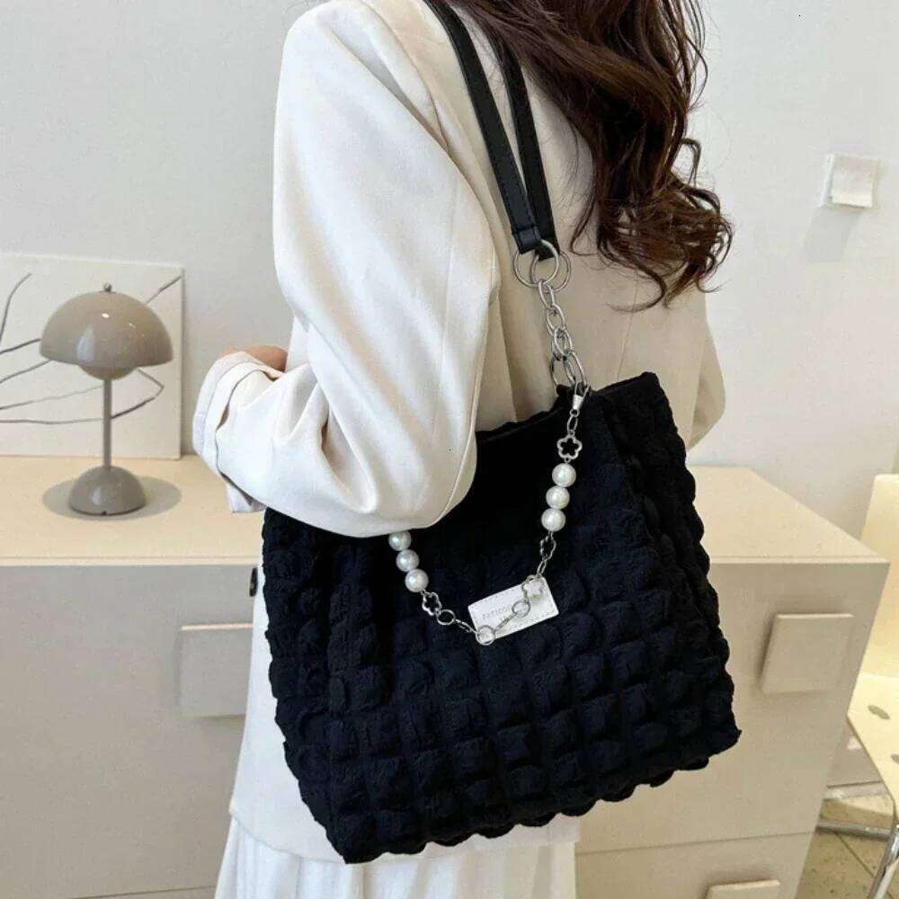 Fashion Plaid Women's Beaded Chain Shoulder Bags Soft Fabric Commuter Female Handbags Purse 2025 Large Capacity Ladies Tote Bag